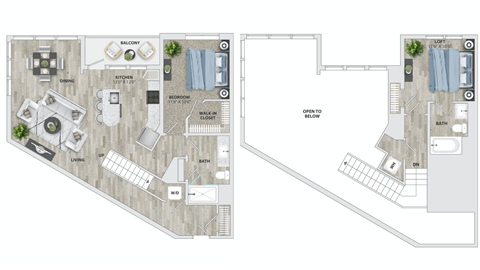 Floor plan for 1 bed, 2 baths, 1246 sqft